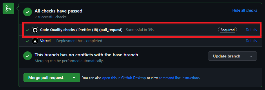 A successful check in the pull request